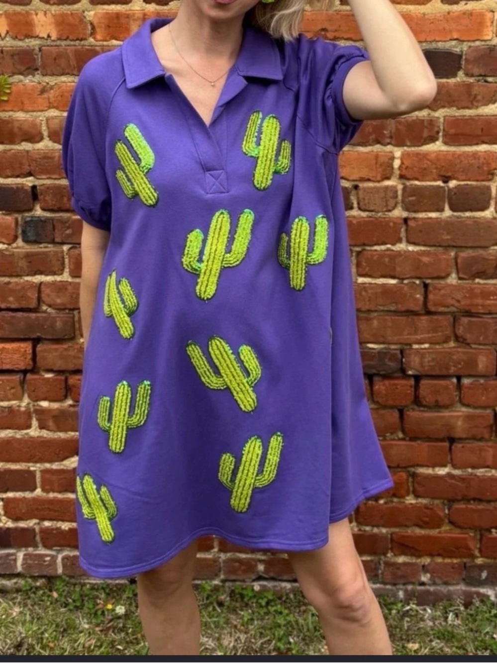 Peach Love California Purple Polo with Green Cactus Motif
